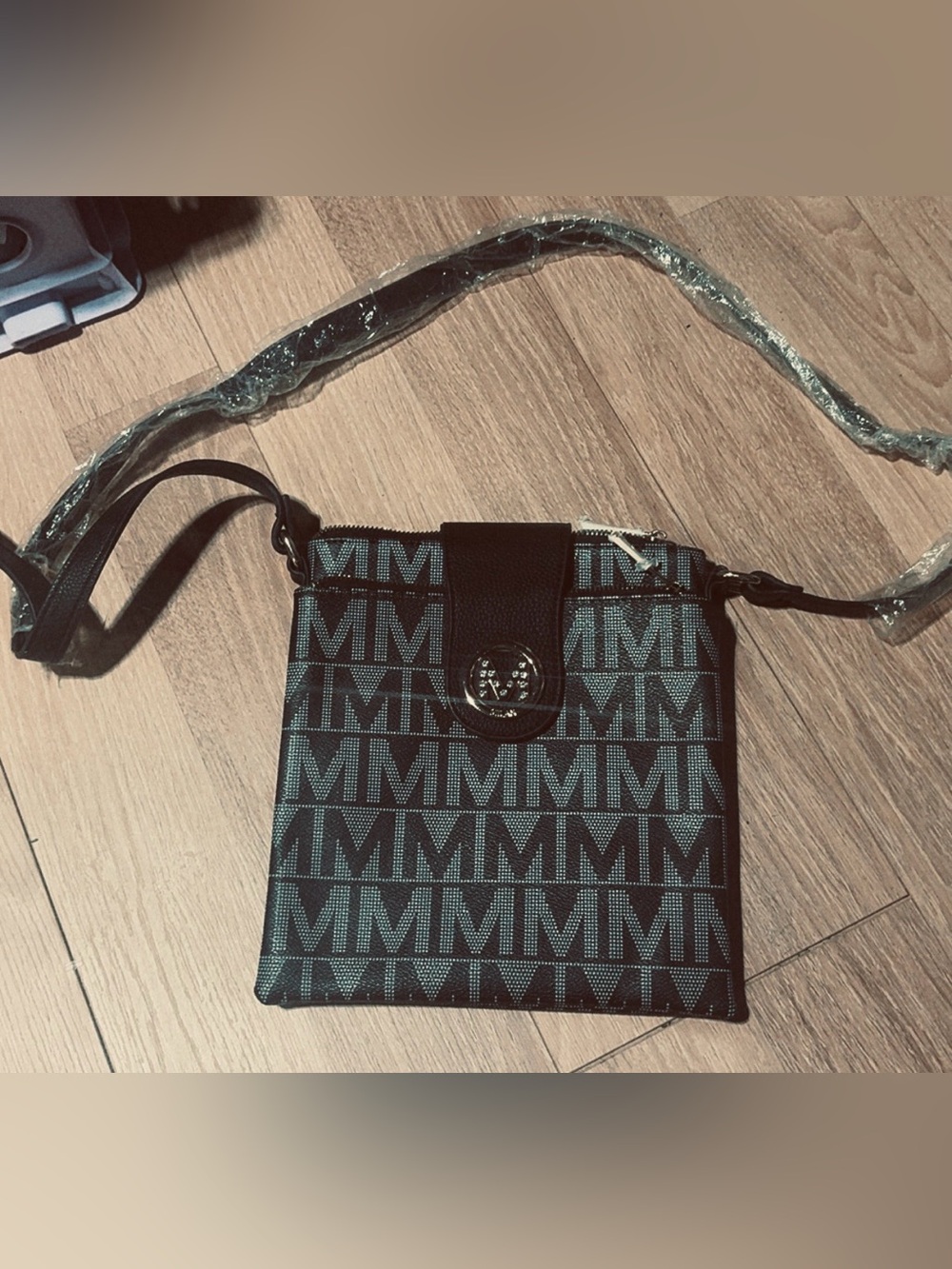 MM Logo Black and Teal Crossbody Bag